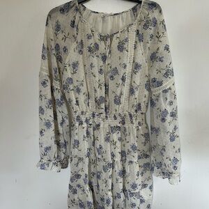 Blu Pepper Floral Long Sleeve Mini Dress Size L White Blue Ruffle Smocked